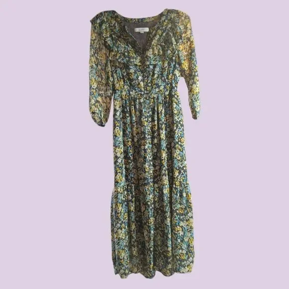 LOFT Floral Midi Shirt Dress Sz XS 0-2 Ruffle Blue Yellow - Picture 2 of 10